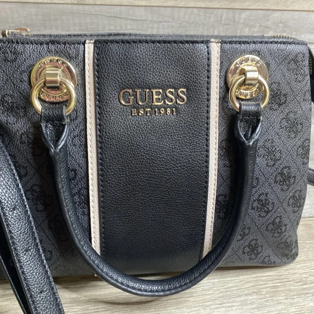 Guess EST 1981 Cathleen Charcoal Black Satchel 3 Compartment Handbag‎